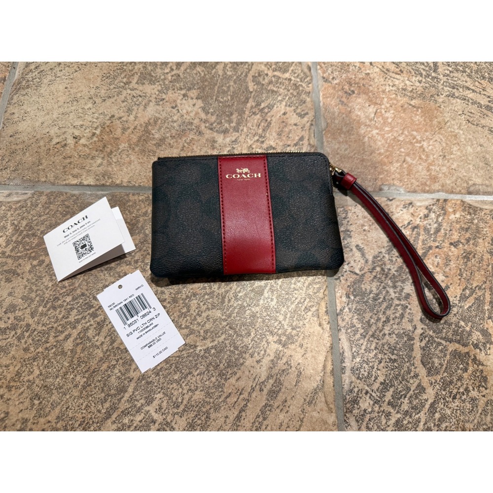 Coach Corner Zip‎ Wristlet Signature Canvas Brown Red Varsity Stripe 58035 NWT - Picture 3 of 4